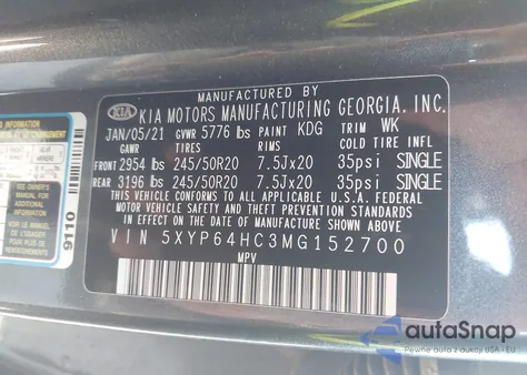 2021 Kia Telluride S z USA, uszkodzony, nr VIN 5XYP64HC3MG152700